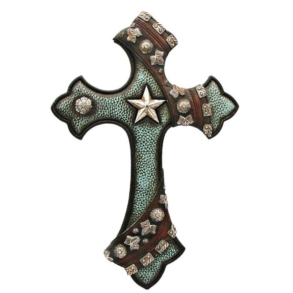 Rustic Western Boho Cross Decor Triple Silver Star Turquoise Faux Leather 13" - Picture 1 of 12